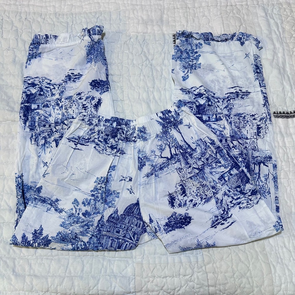 Violet & Brooks Toile Pajama Pants Blue White Wide Leg S/M